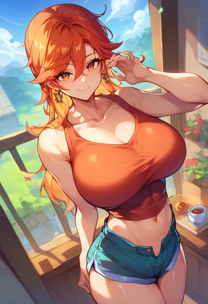 sCore_9,sCore_8_above,Core_7_above,   mavuika-gi    ,  a girl, d cup breasts, alone,  long hair, neckline,    big breasts  , sky, blows, smile, outdoors,  Body, day, soft thighs, adult,  wearing shorts , t,  living room , home