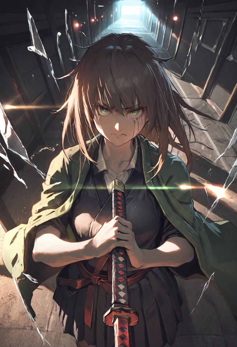 solo, 1girl, medium length hair, bangs, locks, spiky hair, green eyes, brown hair, neautral facial expression, wearing a black kimono, wearing a green haori, holding weapon, holding katana, serious facial expression, dim lighting, cinematic lighting, cinematic shading, shattered triangle glass forground, in a school hallway, eerie shading