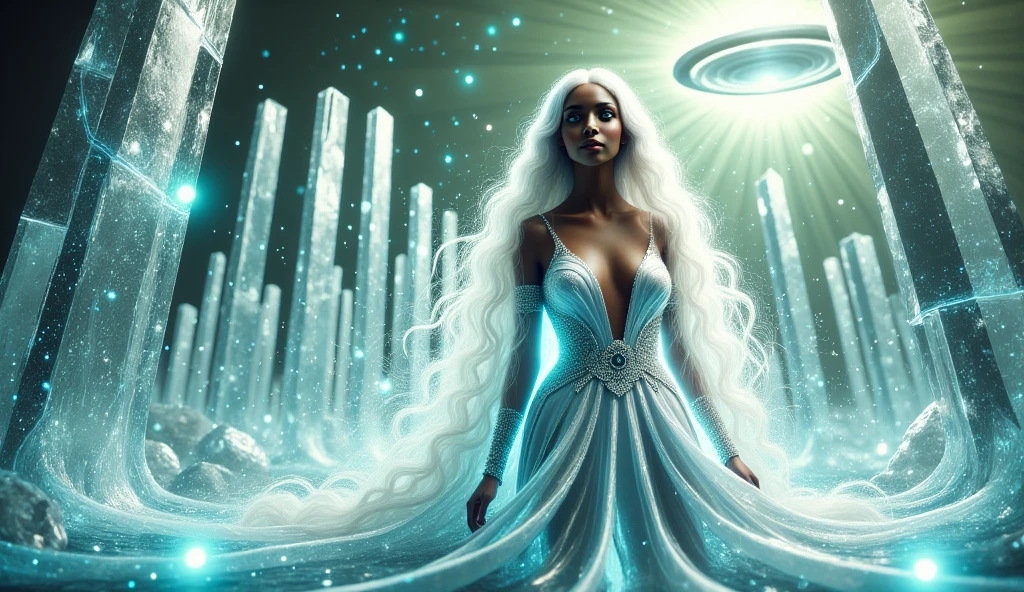 Create place built of ice crystal structures with giant passageways and entrances, some crystals have blue lights inside futuristic scene. On the horizon there is floating a flat plate-shaped object with golden lights around it and Horizontal perspective, sky with green and pink nebulas, spectacular sunset. Inside there is a beautiful brown woman with green eyes, captured in a natural full-body pose. Detailed the beautiful face, hyperrealistic skin, long white mixed with blue hair, beautiful long hair, She wears a futuristic designed outfit, with technological details and white luminescence, veil, with sparks. ¾ pose. The entire composition should reflect maximum detail and serve as a visual masterpiece. Strong radiant green white illumination. Highlight in the scene, a futuristic environment.a flattened plate-shaped object with luminosities around it. 