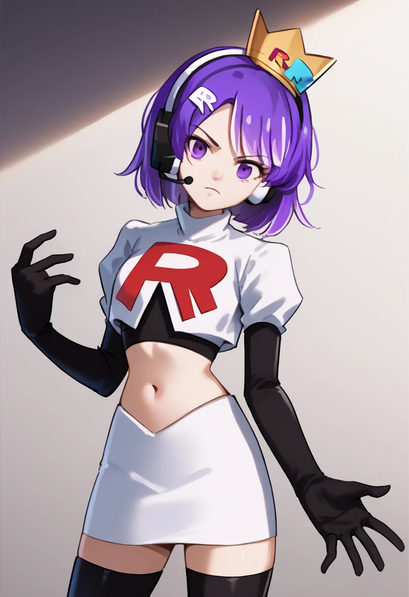 score_9, score_8_up, score_7_up, source_anime, solo, 1girl, twitch-chan, looking at viewer, purple hair, hair ornament, headset, crown, purple eyes, team rocket,team rocket uniform,white skirt,red letter R,crop top,black thigh-highs,black elbow gloves, cowboy shot