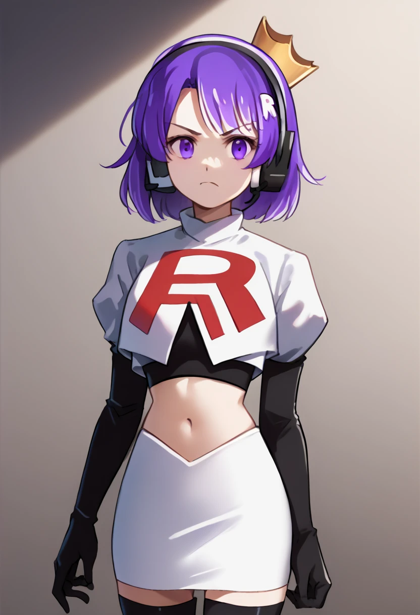 score_9, score_8_up, score_7_up, source_anime, solo, 1girl, twitch-chan, looking at viewer, purple hair, hair ornament, headset, crown, purple eyes, team rocket,team rocket uniform,white skirt,red letter R,crop top,black thigh-highs,black elbow gloves, cowboy shot