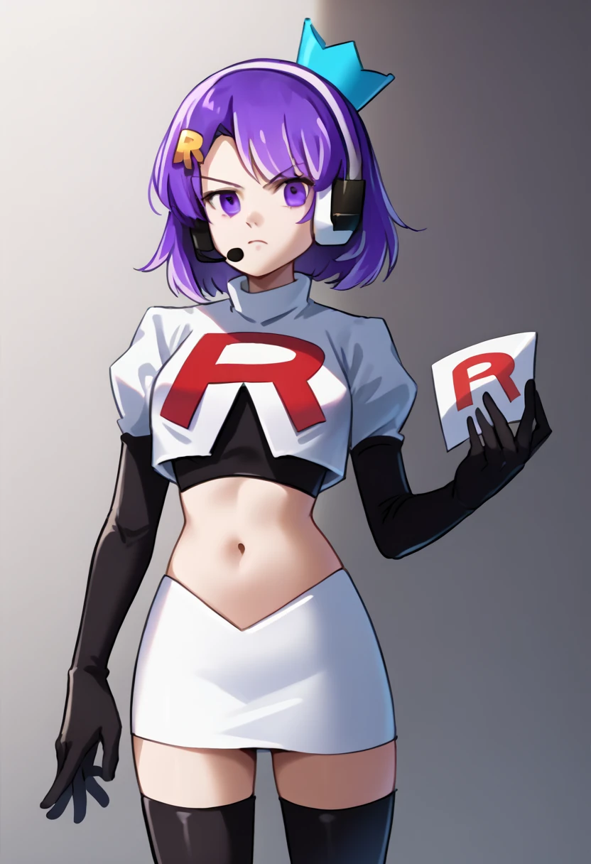 score_9, score_8_up, score_7_up, source_anime, solo, 1girl, twitch-chan, looking at viewer, purple hair, hair ornament, headset, crown, purple eyes, team rocket,team rocket uniform,white skirt,red letter R,crop top,black thigh-highs,black elbow gloves, cowboy shot