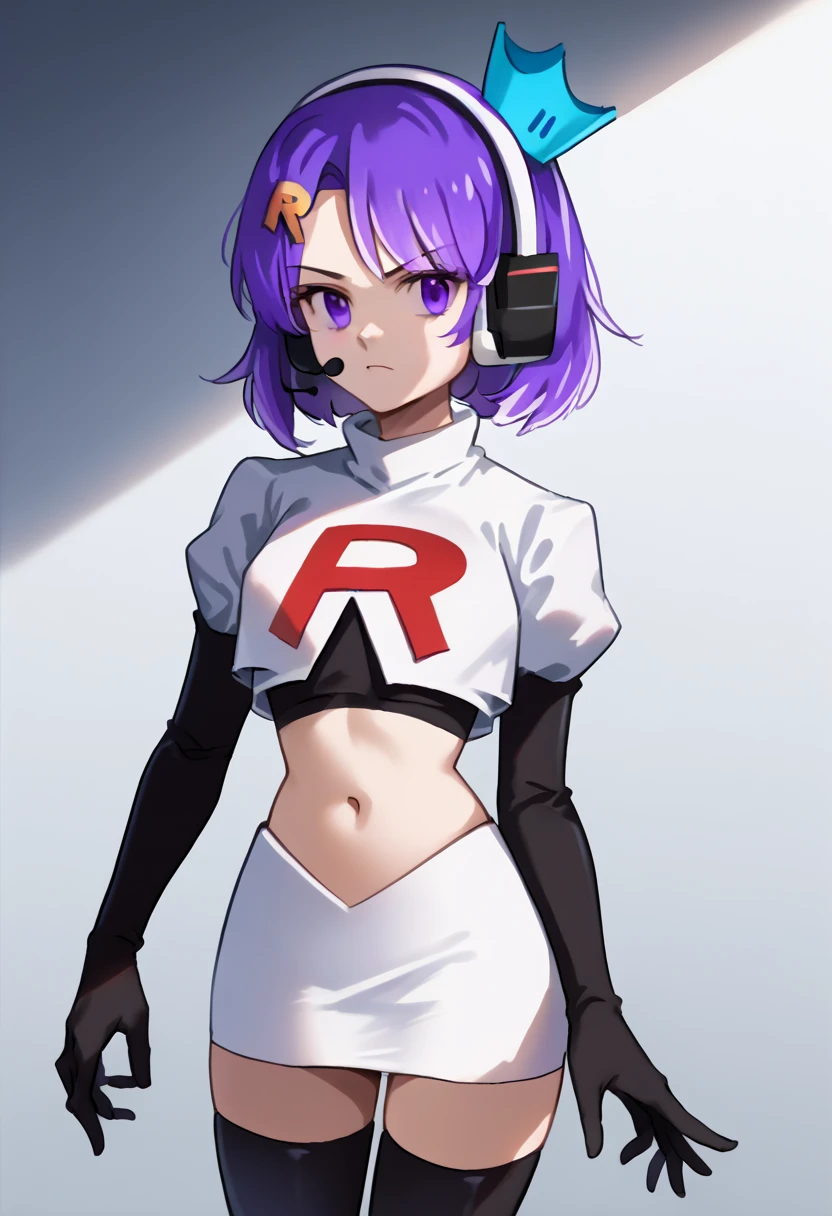 score_9, score_8_up, score_7_up, source_anime, solo, 1girl, twitch-chan, looking at viewer, purple hair, hair ornament, headset, crown, purple eyes, team rocket,team rocket uniform,white skirt,red letter R,crop top,black thigh-highs,black elbow gloves, cowboy shot