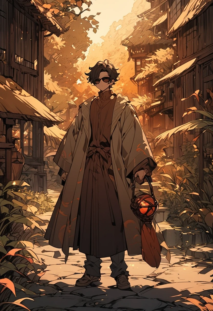  male character. His skin should have warm reddish brown tones . your hair is dark, with bulky threads ,  His eyes have a deep amber glow , almost golden.  He wears clothes made of natural fabrics in shades of dark green and brown . art style: smooth and detailed lines ,  with a magical and natural atmosphere .