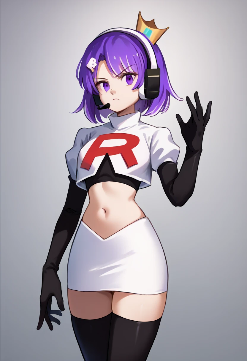 score_9, score_8_up, score_7_up, source_anime, solo, 1girl, twitch-chan, looking at viewer, purple hair, hair ornament, headset, crown, purple eyes, team rocket,team rocket uniform,white skirt,red letter R,crop top,black thigh-highs,black elbow gloves, cowboy shot