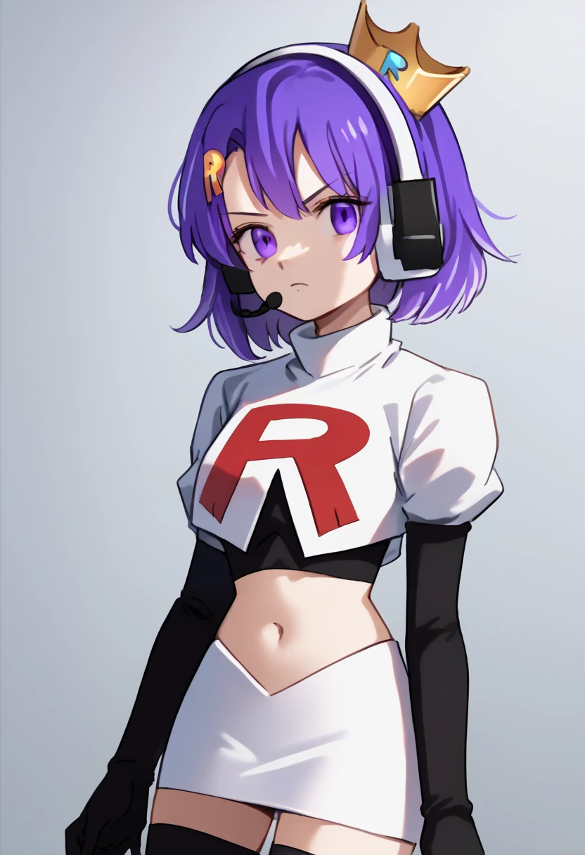 score_9, score_8_up, score_7_up, source_anime, solo, 1girl, twitch-chan, looking at viewer, purple hair, hair ornament, headset, crown, purple eyes, team rocket,team rocket uniform,white skirt,red letter R,crop top,black thigh-highs,black elbow gloves, cowboy shot