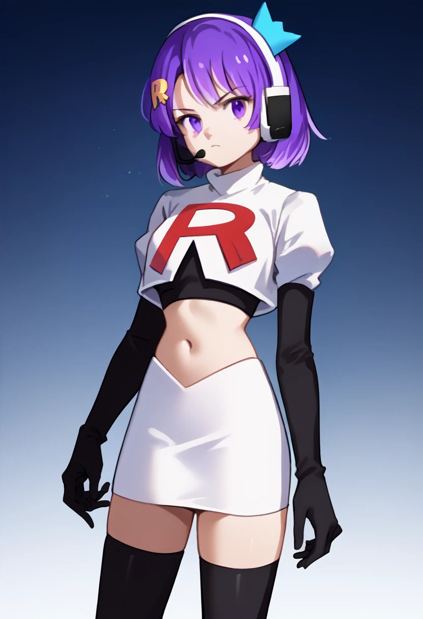 score_9, score_8_up, score_7_up, source_anime, solo, 1girl, twitch-chan, looking at viewer, purple hair, hair ornament, headset, crown, purple eyes, team rocket,team rocket uniform,white skirt,red letter R,crop top,black thigh-highs,black elbow gloves, cowboy shot