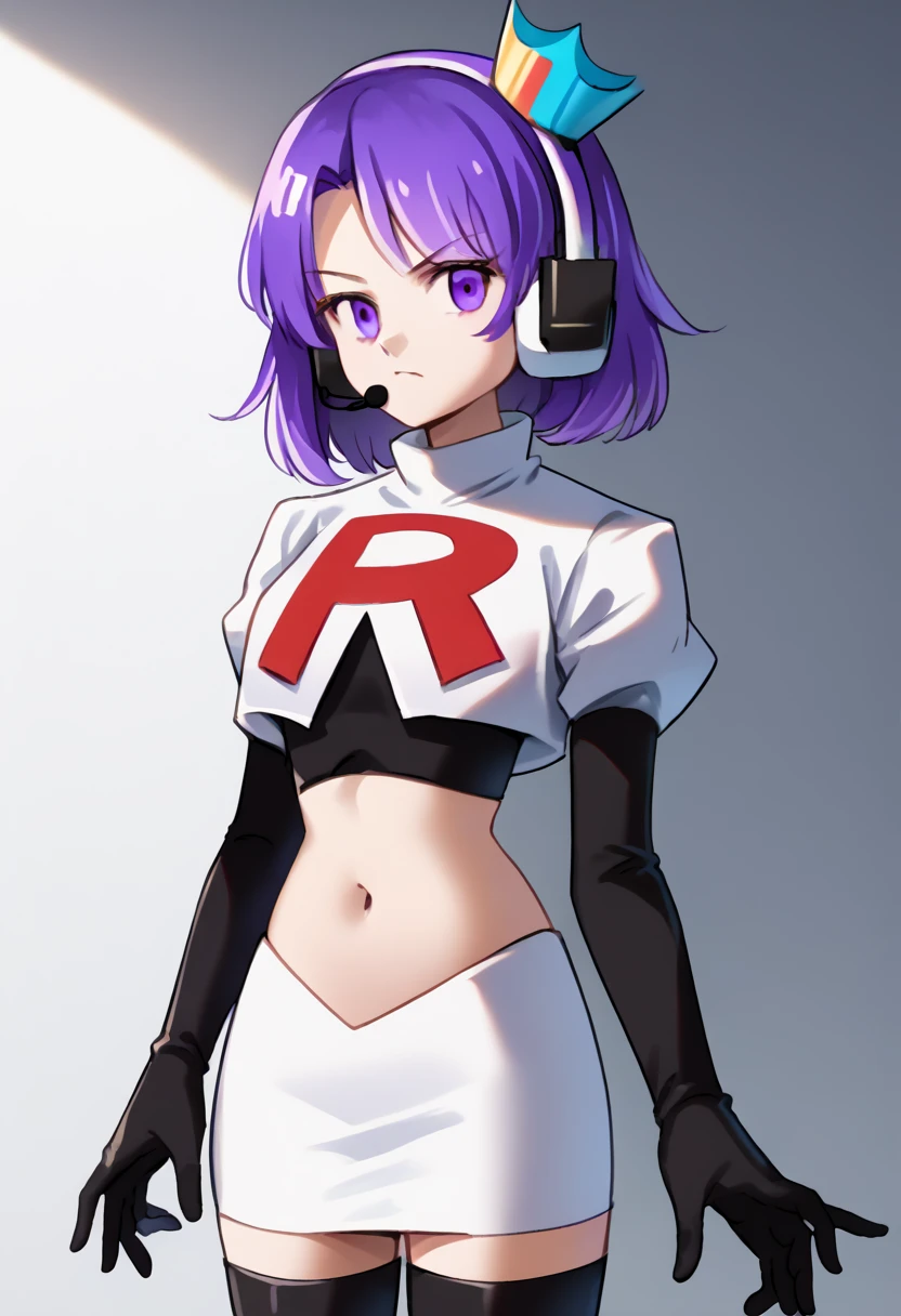 score_9, score_8_up, score_7_up, source_anime, solo, 1girl, twitch-chan, looking at viewer, purple hair, hair ornament, headset, crown, purple eyes, team rocket,team rocket uniform,white skirt,red letter R,crop top,black thigh-highs,black elbow gloves, cowboy shot