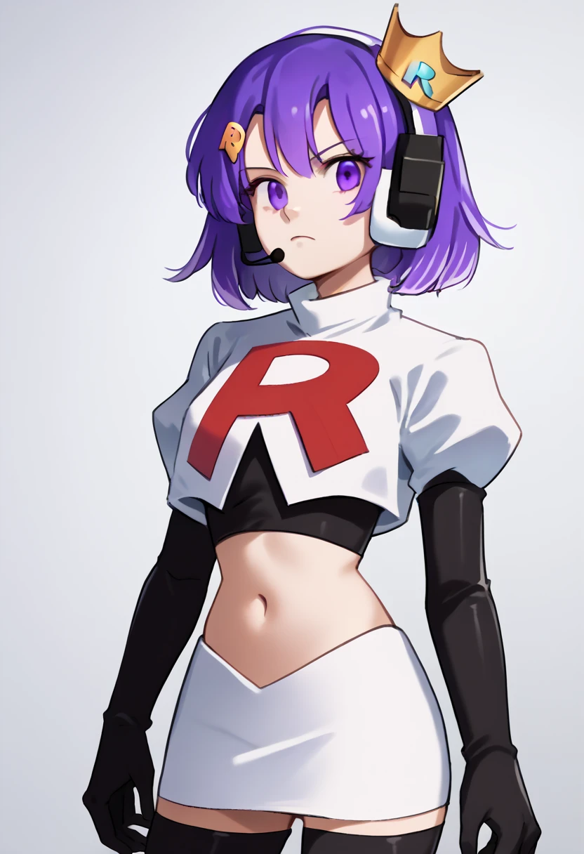 score_9, score_8_up, score_7_up, source_anime, solo, 1girl, twitch-chan, looking at viewer, purple hair, hair ornament, headset, crown, purple eyes, team rocket,team rocket uniform,white skirt,red letter R,crop top,black thigh-highs,black elbow gloves, cowboy shot