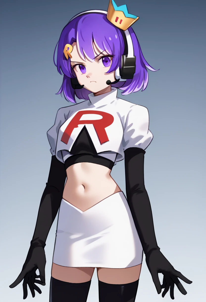 score_9, score_8_up, score_7_up, source_anime, solo, 1girl, twitch-chan, looking at viewer, purple hair, hair ornament, headset, crown, purple eyes, team rocket,team rocket uniform,white skirt,red letter R,crop top,black thigh-highs,black elbow gloves, cowboy shot