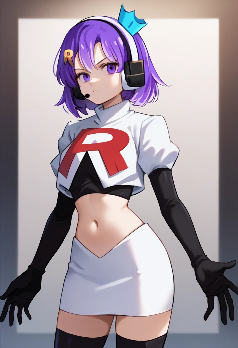 score_9, score_8_up, score_7_up, source_anime, solo, 1girl, twitch-chan, looking at viewer, purple hair, hair ornament, headset, crown, purple eyes, team rocket,team rocket uniform,white skirt,red letter R,crop top,black thigh-highs,black elbow gloves, cowboy shot