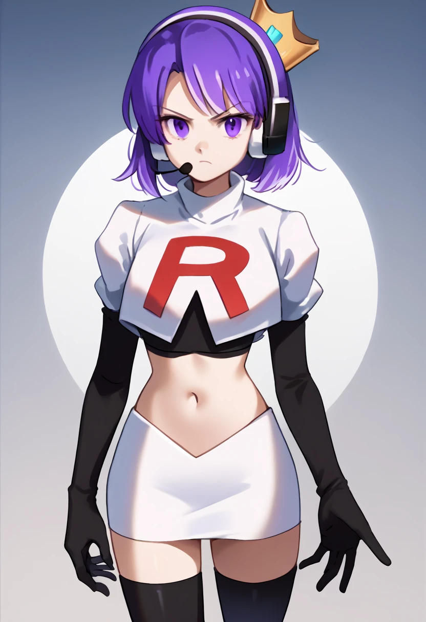 score_9, score_8_up, score_7_up, source_anime, solo, 1girl, twitch-chan, looking at viewer, purple hair, hair ornament, headset, crown, purple eyes, team rocket,team rocket uniform,white skirt,red letter R,crop top,black thigh-highs,black elbow gloves, cowboy shot