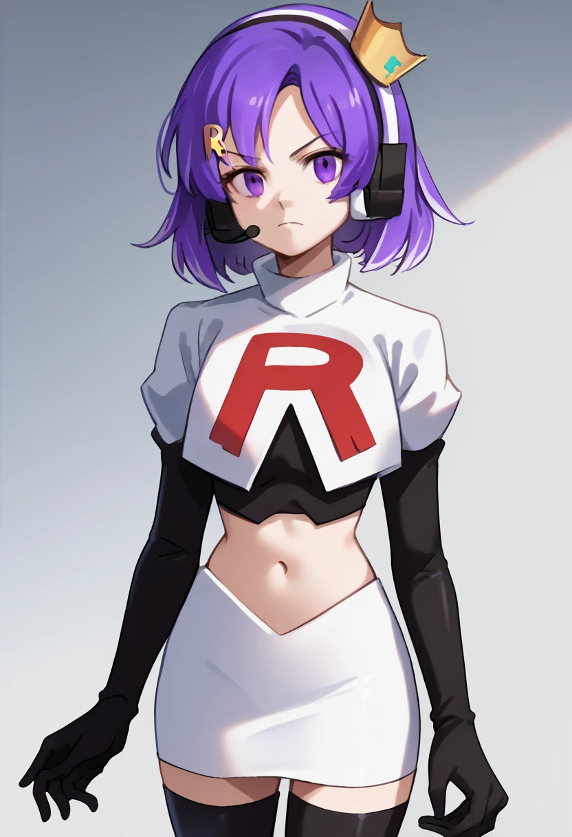 score_9, score_8_up, score_7_up, source_anime, solo, 1girl, twitch-chan, looking at viewer, purple hair, hair ornament, headset, crown, purple eyes, team rocket,team rocket uniform,white skirt,red letter R,crop top,black thigh-highs,black elbow gloves, cowboy shot