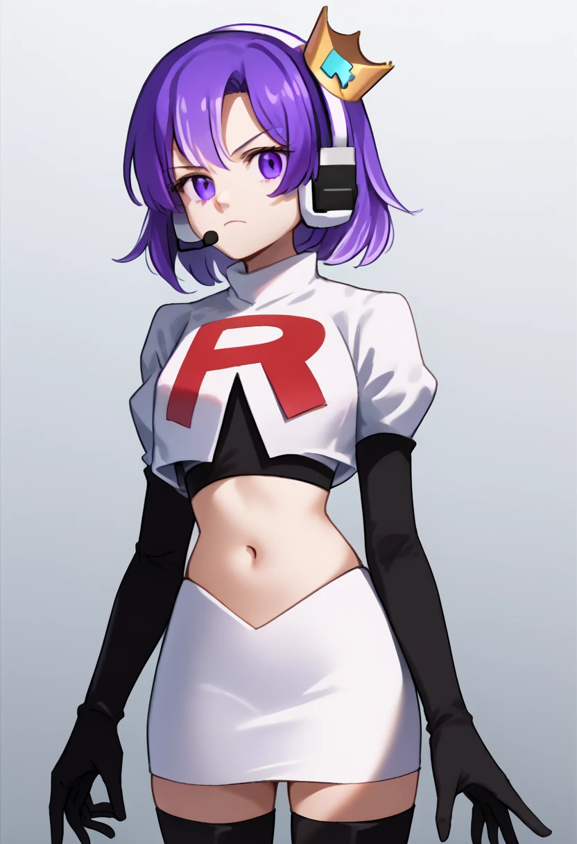 score_9, score_8_up, score_7_up, source_anime, solo, 1girl, twitch-chan, looking at viewer, purple hair, hair ornament, headset, crown, purple eyes, team rocket,team rocket uniform,white skirt,red letter R,crop top,black thigh-highs,black elbow gloves, cowboy shot