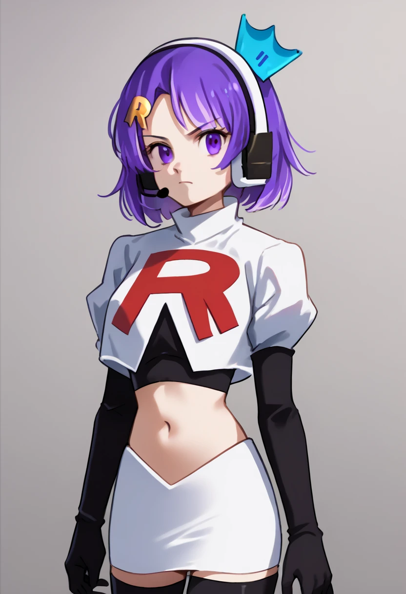 score_9, score_8_up, score_7_up, source_anime, solo, 1girl, twitch-chan, looking at viewer, purple hair, hair ornament, headset, crown, purple eyes, team rocket,team rocket uniform,white skirt,red letter R,crop top,black thigh-highs,black elbow gloves, cowboy shot