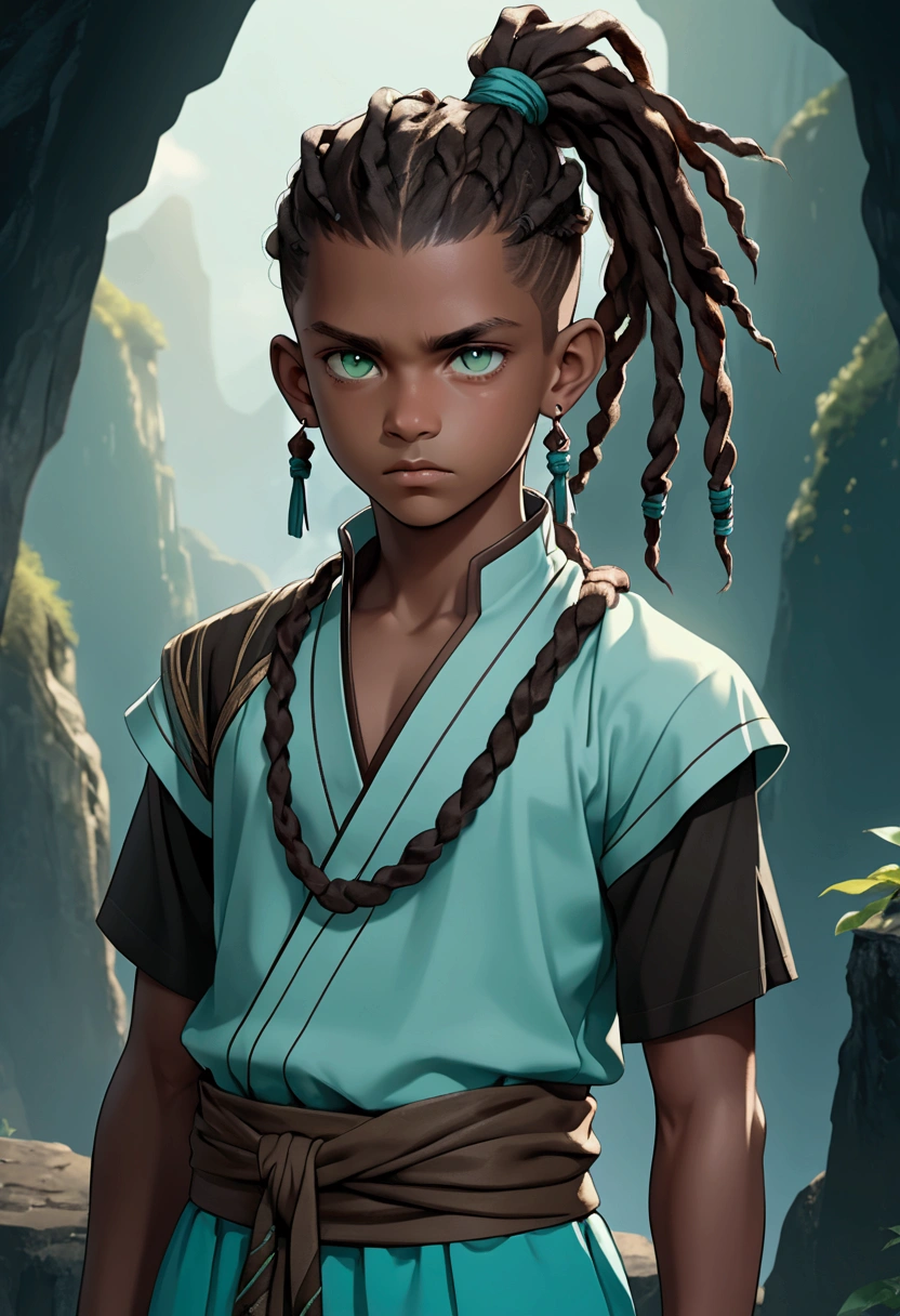 Young black boy, serious and distant look, very dark brown hair with locs and tied up in a short ponytail with shaved sides, very light aqua green eyes, fantasy world style clothes in brown, black and aqua green colors.