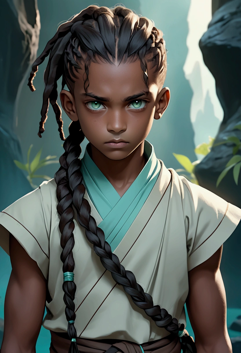 Young black boy, serious and distant look, very dark brown hair with locs and tied up in a short ponytail with shaved sides, very light aqua green eyes, fantasy world style clothes in brown, black and aqua green colors.