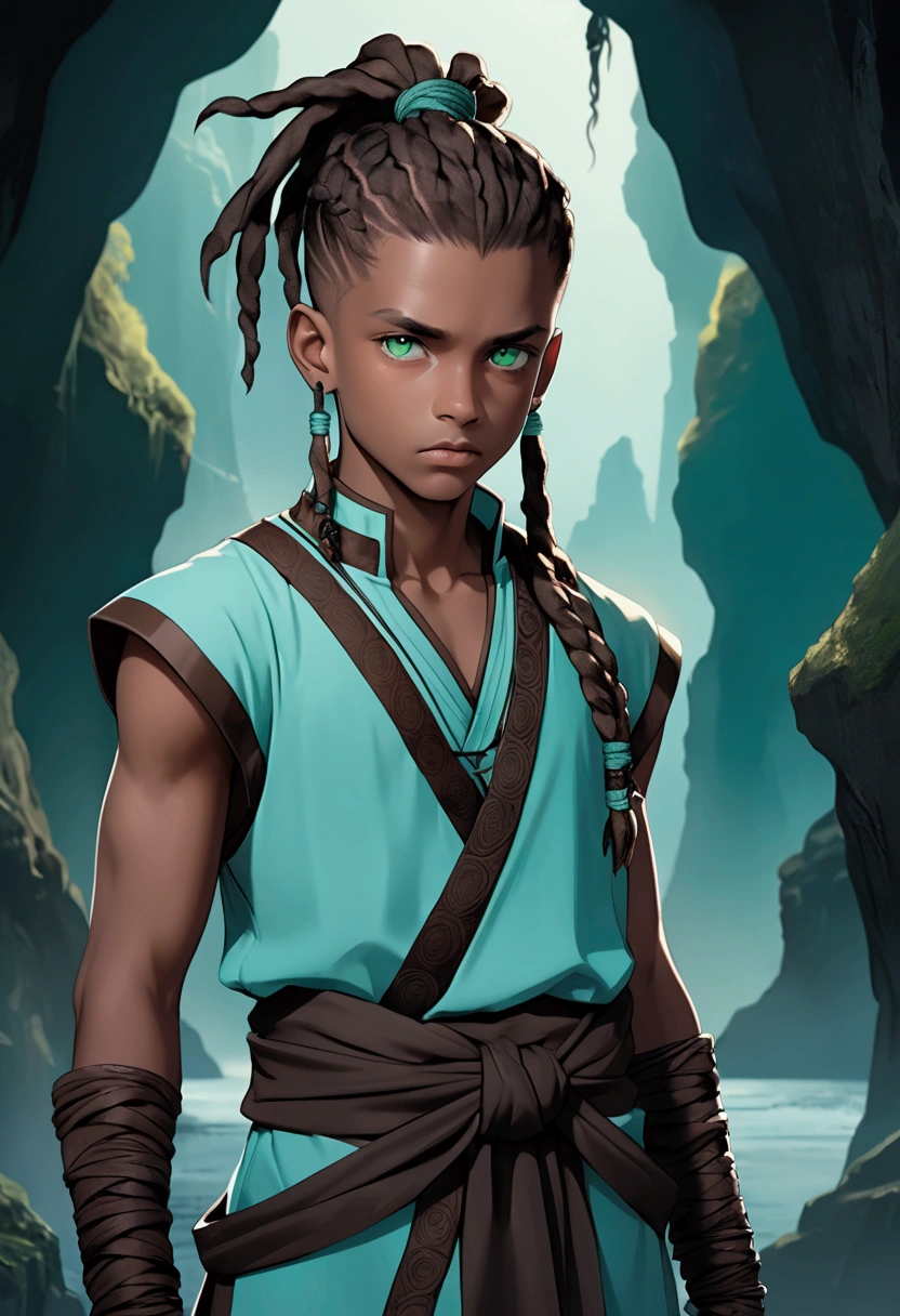 Young black boy, serious and distant look, very dark brown hair with locs and tied up in a short ponytail with shaved sides, very light aqua green eyes, fantasy world style clothes in brown, black and aqua green colors.