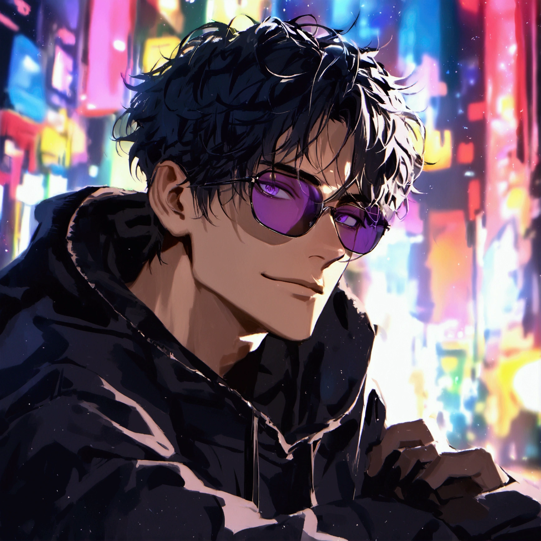 (solo), (1 male), (1 man), handsome men, (one man with black hair, purple eyes), short hair, messy hair, sunglasses,black oversized hoodie((masterpiece)), (dark background: 1.3), (stylish), dynamic angle, (detailed face, detailed eyes, proportional hands, proportional anatomy), sitting in a relaxed pose, sinister atmosphere, a nihilistic smile