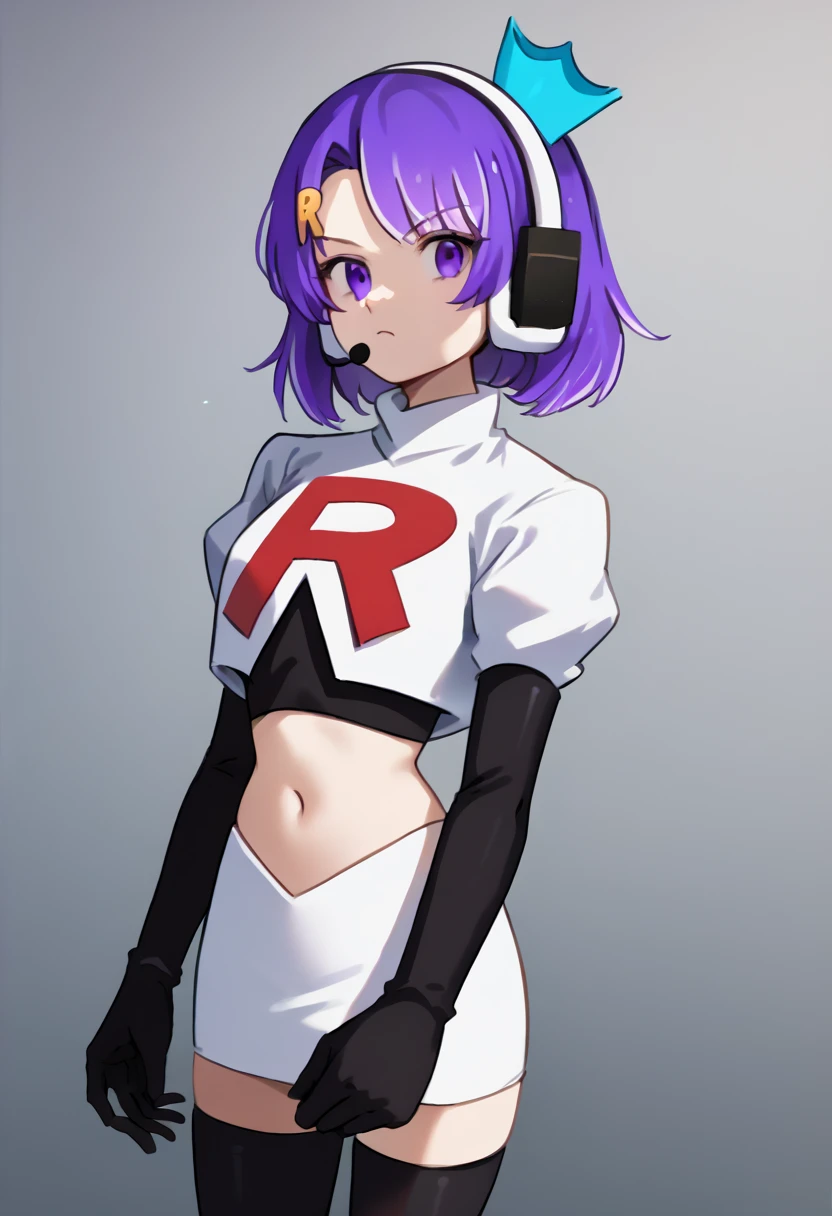 score_9, score_8_up, score_7_up, source_anime, solo, 1girl, twitch-chan, looking at viewer, purple hair, hair ornament, headset, crown, purple eyes, team rocket,team rocket uniform,white skirt,red letter R,crop top,black thigh-highs,black elbow gloves, cowboy shot