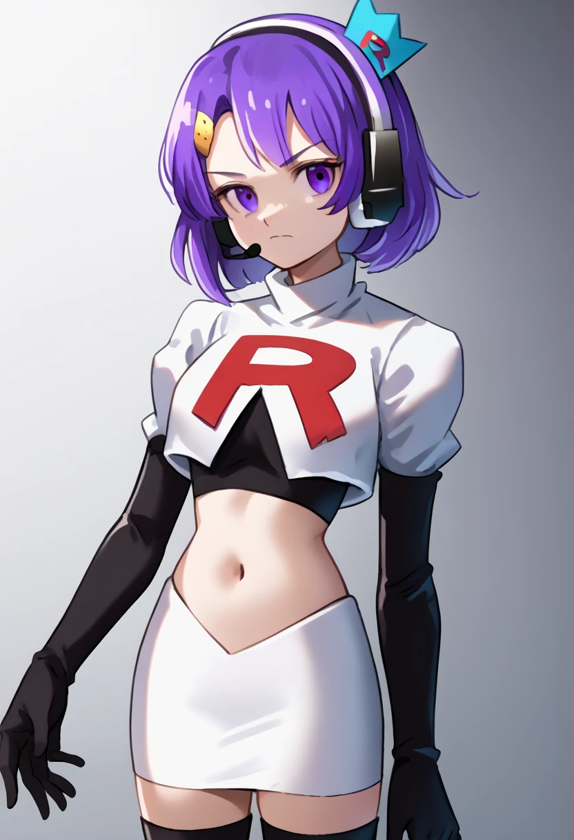 score_9, score_8_up, score_7_up, source_anime, solo, 1girl, twitch-chan, looking at viewer, purple hair, hair ornament, headset, crown, purple eyes, team rocket,team rocket uniform,white skirt,red letter R,crop top,black thigh-highs,black elbow gloves, cowboy shot