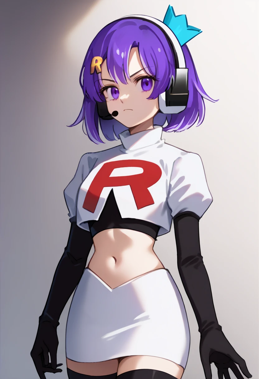 score_9, score_8_up, score_7_up, source_anime, solo, 1girl, twitch-chan, looking at viewer, purple hair, hair ornament, headset, crown, purple eyes, team rocket,team rocket uniform,white skirt,red letter R,crop top,black thigh-highs,black elbow gloves, cowboy shot