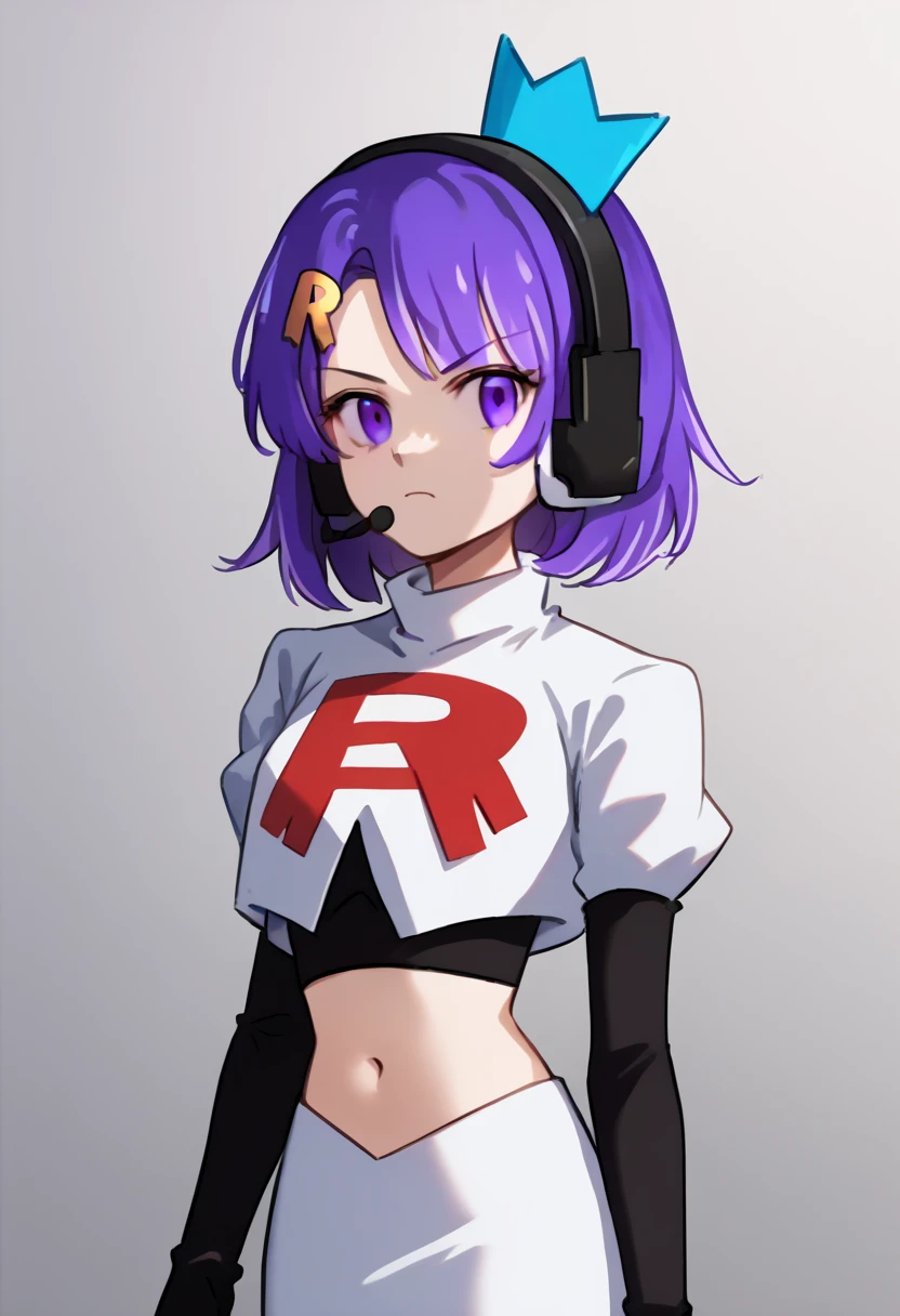 score_9, score_8_up, score_7_up, source_anime, solo, 1girl, twitch-chan, looking at viewer, purple hair, hair ornament, headset, crown, purple eyes, team rocket,team rocket uniform,white skirt,red letter R,crop top,black thigh-highs,black elbow gloves, cowboy shot