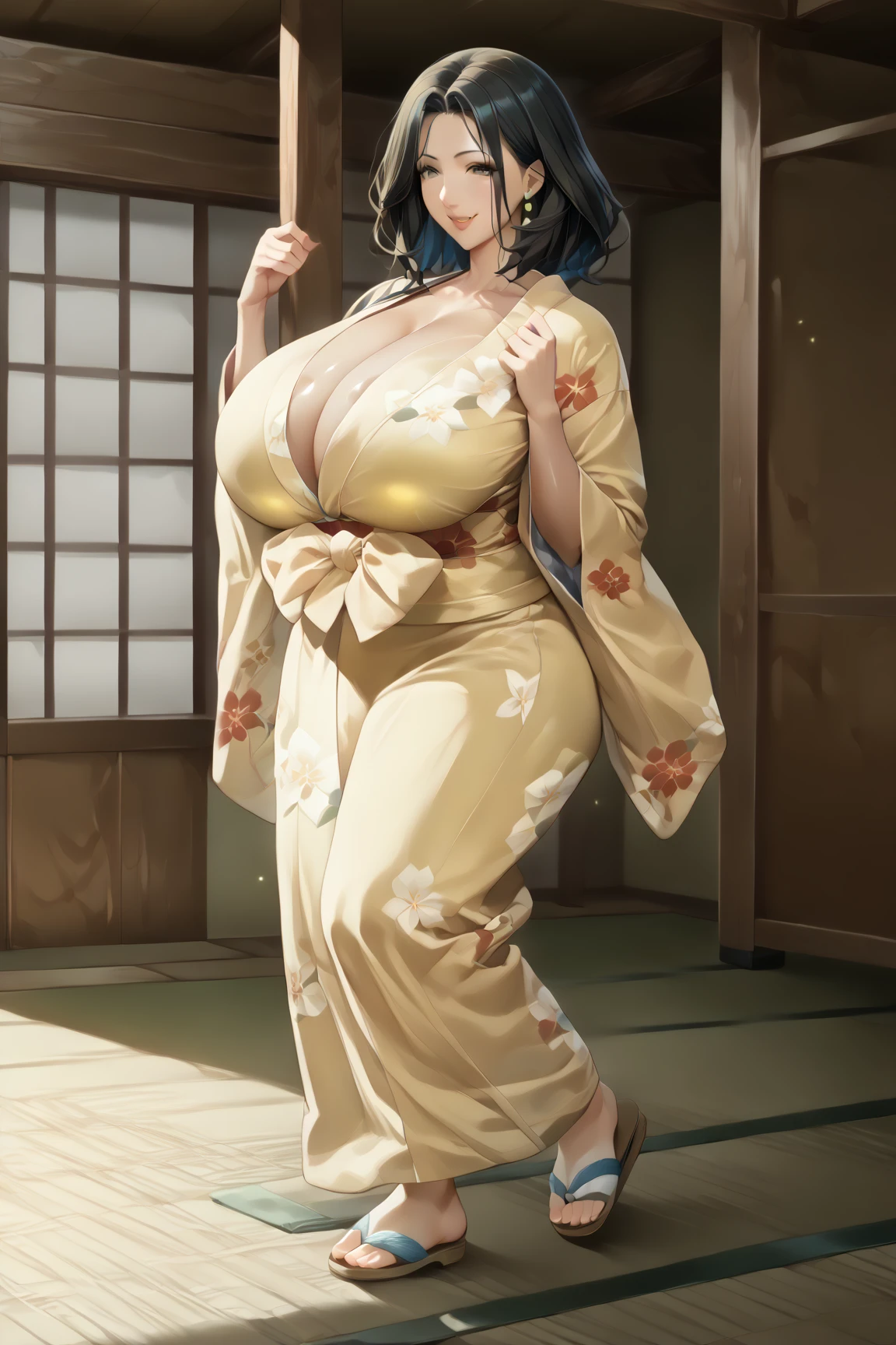  score_9,  score_8_ up,  score_7_ up,  score_6_ up,  score_5_ up,  score_4_ up, high image quality、 High Quality 、masterpiece、 anatomically correct、 accurate human body、5 Fingers,(((Japanese-style room、tatami)))、Alone, 1 mature Japanese woman、huge breasts、huge ass、 plump 、 chubby、 Shiny Skin、oily skin、 black hair、 medium hair、Smile、Light blue kimono with floral pattern 、seiza、mature female, milf, motherly、ruanyi0712,floral print,yellow kimono,obijime, sandals ,or,wide sleeves,cowboy shot,
