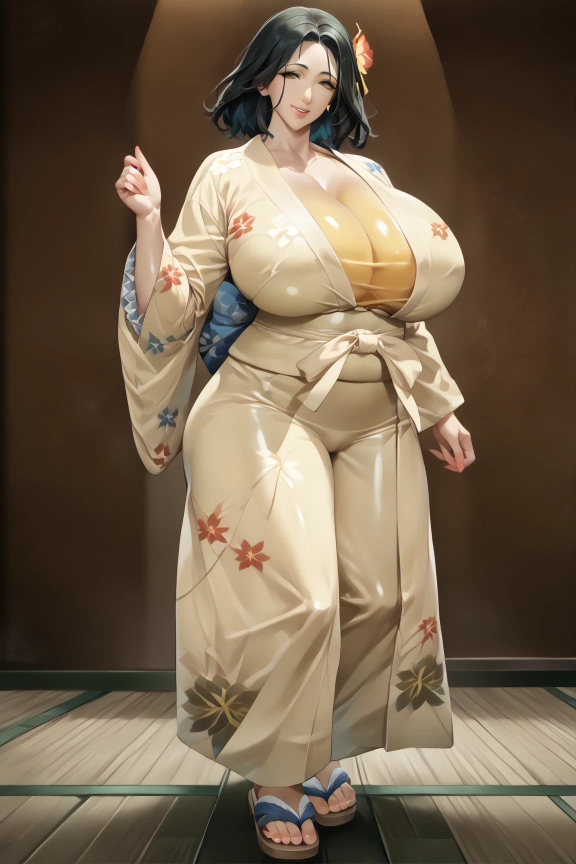  score_9,  score_8_ up,  score_7_ up,  score_6_ up,  score_5_ up,  score_4_ up, high image quality、 High Quality 、masterpiece、 anatomically correct、 accurate human body、5 Fingers,(((Japanese-style room、tatami)))、Alone, 1 mature Japanese woman、huge breasts、huge ass、 plump 、 chubby、 Shiny Skin、oily skin、 black hair、 medium hair、Smile、Light blue kimono with floral pattern 、seiza、mature female, milf, motherly、ruanyi0712,floral print,yellow kimono,obijime, sandals ,or,wide sleeves,cowboy shot,
