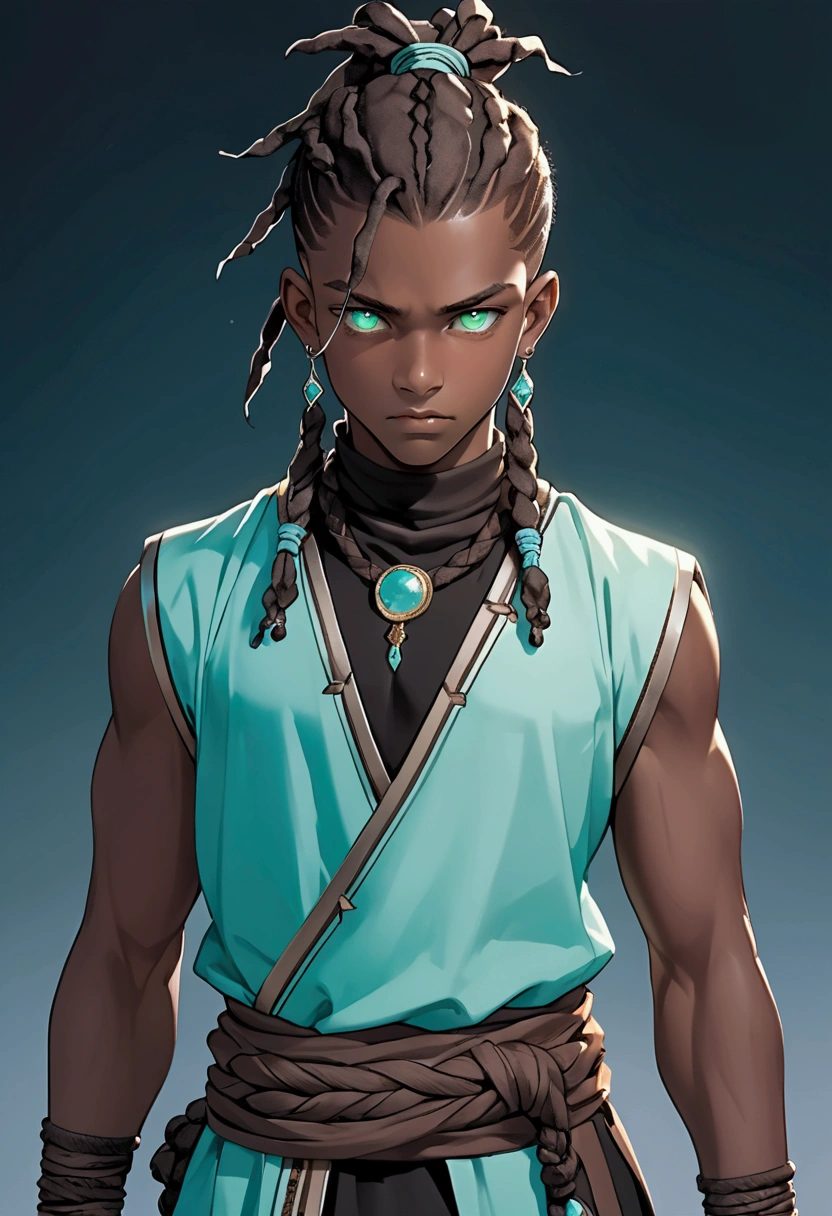  black boy, tall, strong body, serious and distant look, very dark brown hair with locs and tied up in a short ponytail with shaved sides, very light aqua green eyes, fantasy world style clothes in brown, black and aqua green colors.