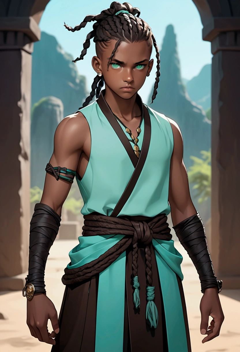  black boy, tall, strong body, serious and distant look, very dark brown hair with locs and tied up in a short ponytail with shaved sides, very light aqua green eyes, fantasy world style clothes in brown, black and aqua green colors.