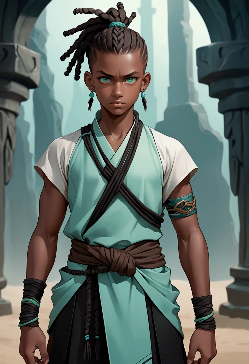 Teenage black boy, tall, strong body, serious and distant look, very dark brown hair with locs and tied up in a short ponytail with shaved sides, very light aqua green eyes, fantasy world style clothes in brown, black and aqua green colors.