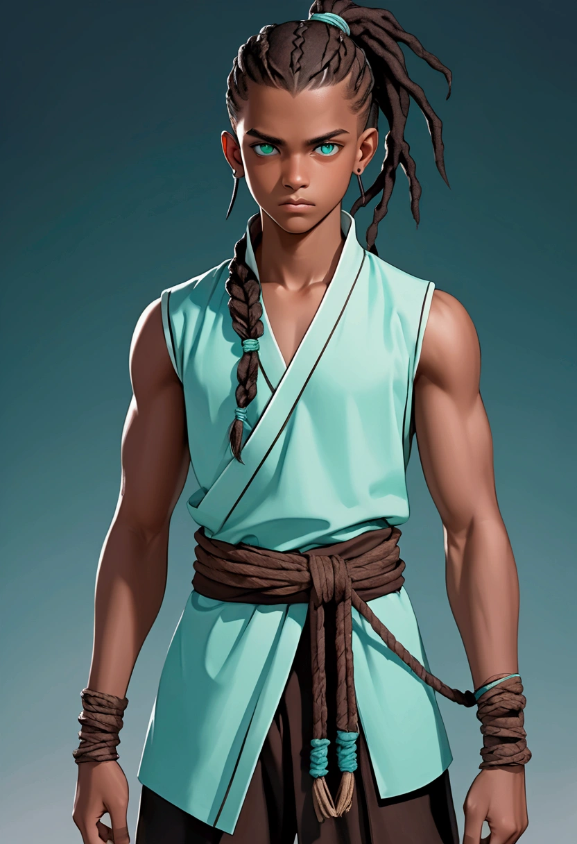 Teenage black boy, tall, strong body, serious and distant look, very dark brown hair with locs and tied up in a short ponytail with shaved sides, very light aqua green eyes, fantasy world style clothes in brown, black and aqua green colors.