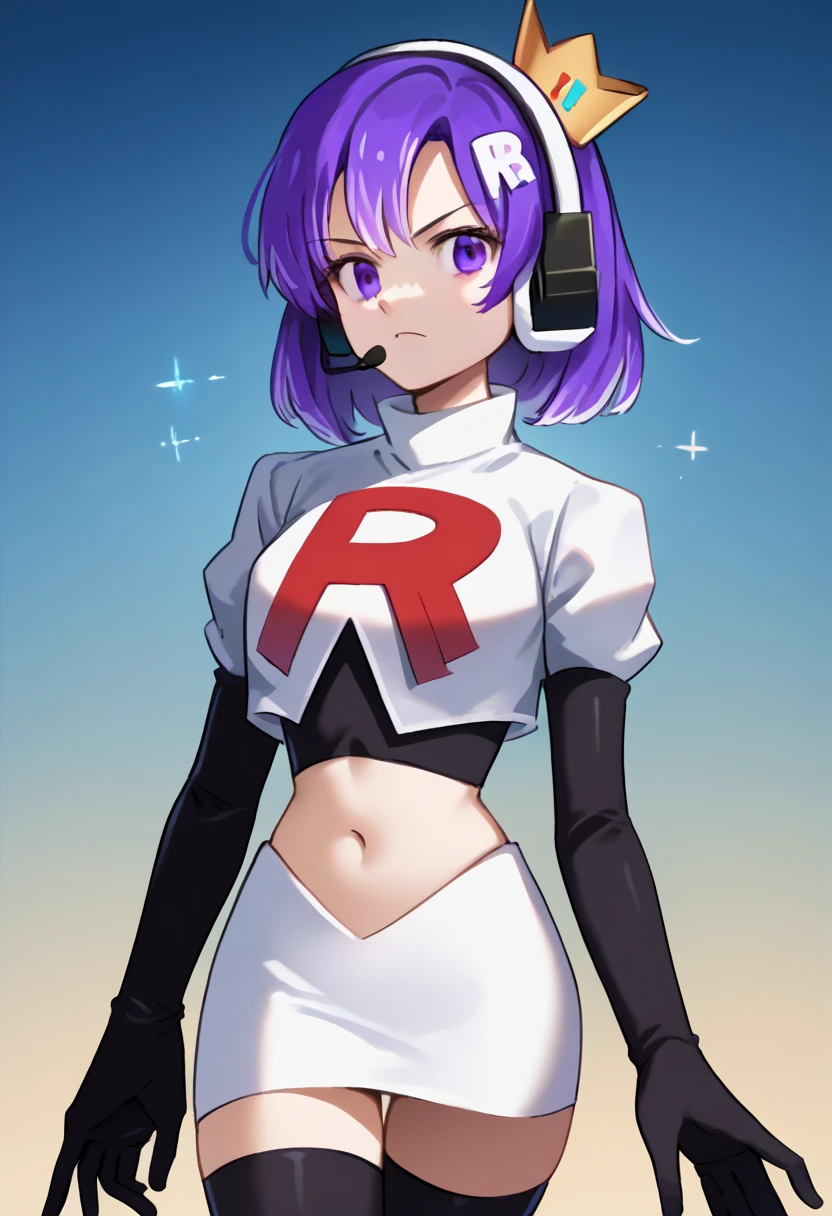 score_9, score_8_up, score_7_up, source_anime, solo, 1girl, twitch-chan, looking at viewer, purple hair, hair ornament, headset, crown, purple eyes, team rocket,team rocket uniform,white skirt,red letter R,crop top,black thigh-highs,black elbow gloves, cowboy shot