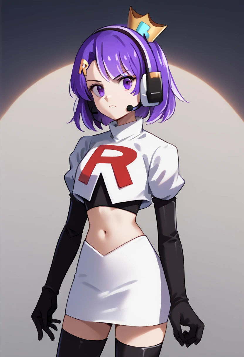 score_9, score_8_up, score_7_up, source_anime, solo, 1girl, twitch-chan, looking at viewer, purple hair, hair ornament, headset, crown, purple eyes, team rocket,team rocket uniform,white skirt,red letter R,crop top,black thigh-highs,black elbow gloves, cowboy shot