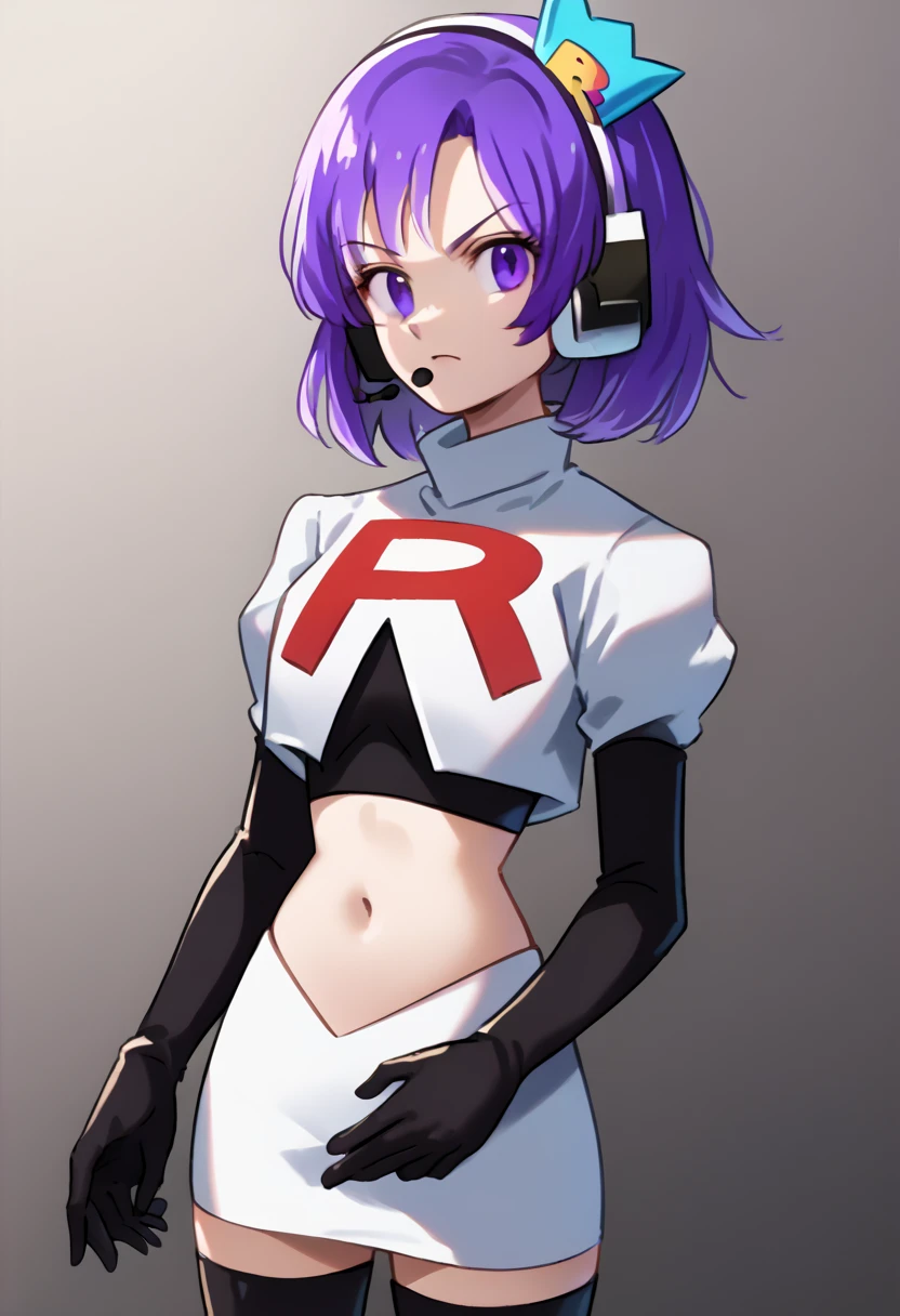 score_9, score_8_up, score_7_up, source_anime, solo, 1girl, twitch-chan, looking at viewer, purple hair, hair ornament, headset, crown, purple eyes, team rocket,team rocket uniform,white skirt,red letter R,crop top,black thigh-highs,black elbow gloves, cowboy shot