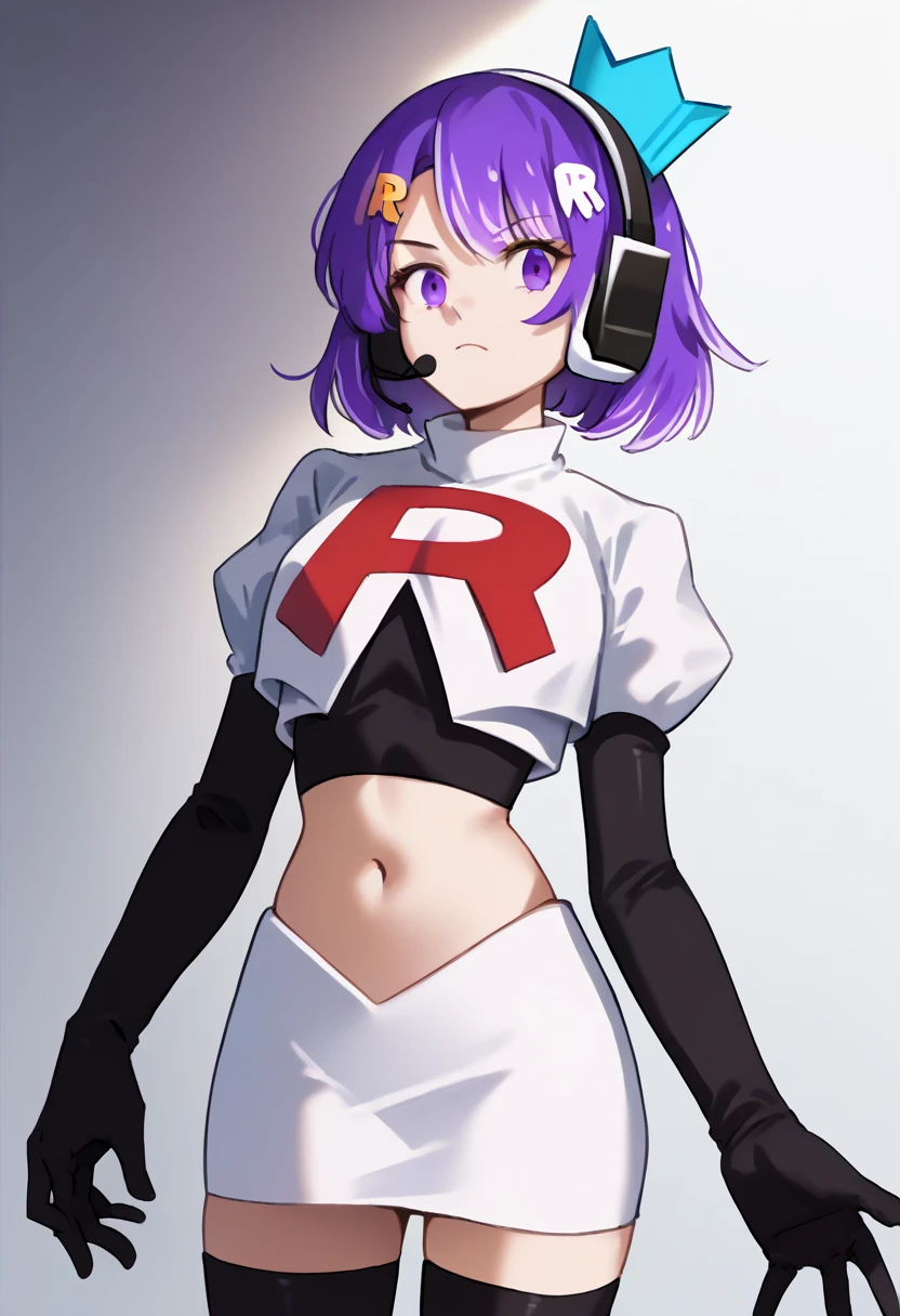 score_9, score_8_up, score_7_up, source_anime, solo, 1girl, twitch-chan, looking at viewer, purple hair, hair ornament, headset, crown, purple eyes, team rocket,team rocket uniform,white skirt,red letter R,crop top,black thigh-highs,black elbow gloves, cowboy shot