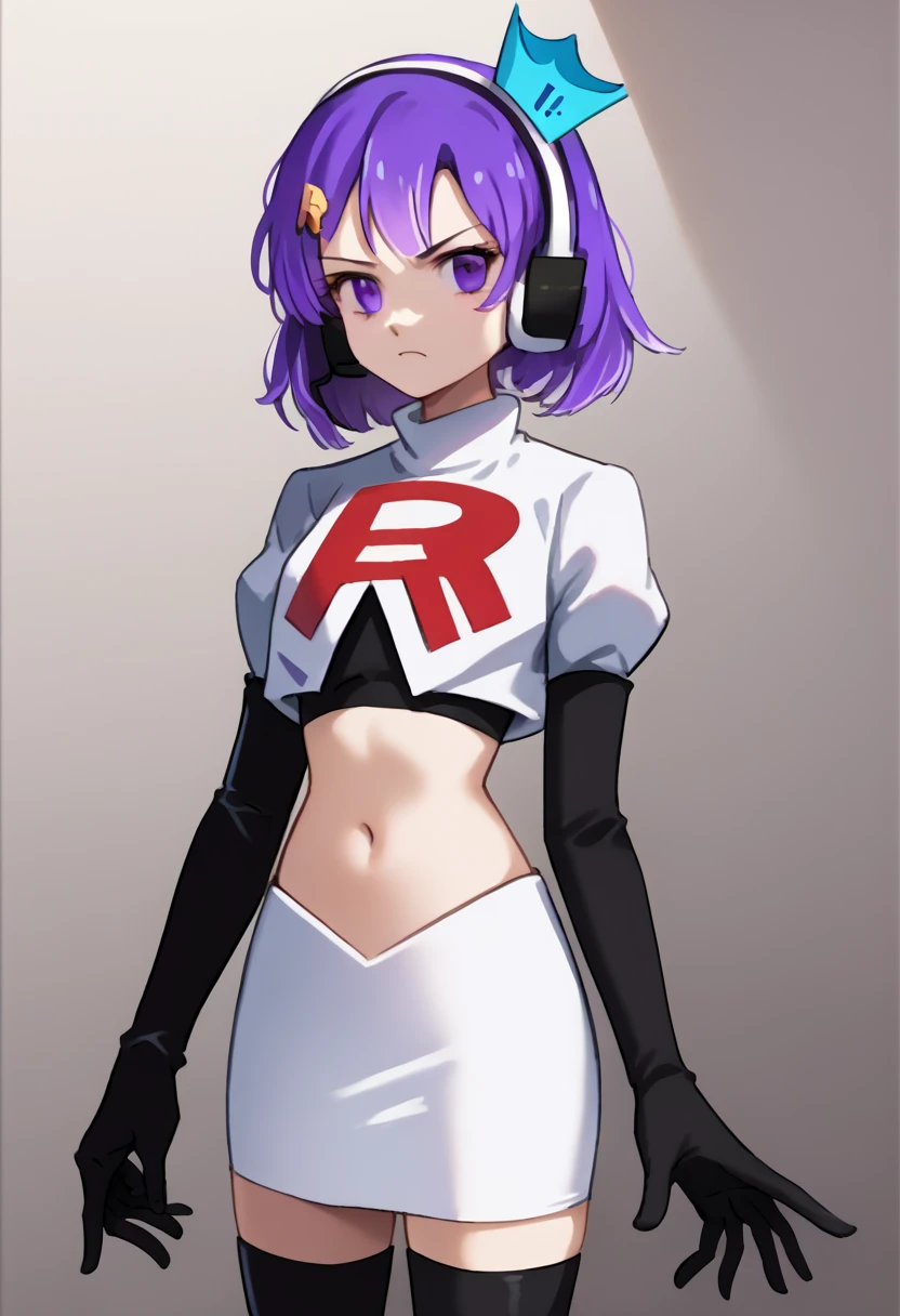 score_9, score_8_up, score_7_up, source_anime, solo, 1girl, twitch-chan, looking at viewer, purple hair, hair ornament, headset, crown, purple eyes, team rocket,team rocket uniform,white skirt,red letter R,crop top,black thigh-highs,black elbow gloves, cowboy shot