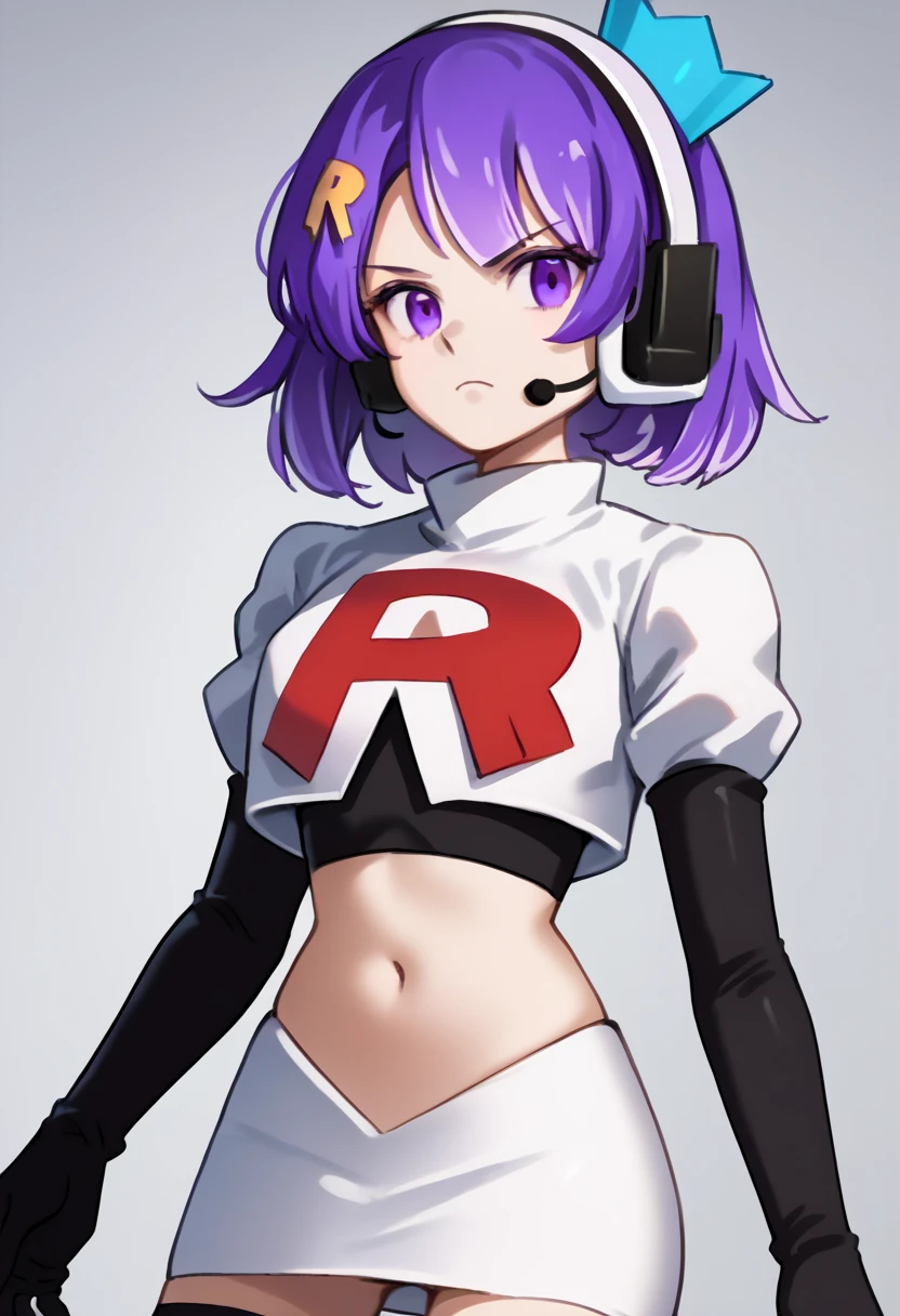 score_9, score_8_up, score_7_up, source_anime, solo, 1girl, twitch-chan, looking at viewer, purple hair, hair ornament, headset, crown, purple eyes, team rocket,team rocket uniform,white skirt,red letter R,crop top,black thigh-highs,black elbow gloves, cowboy shot