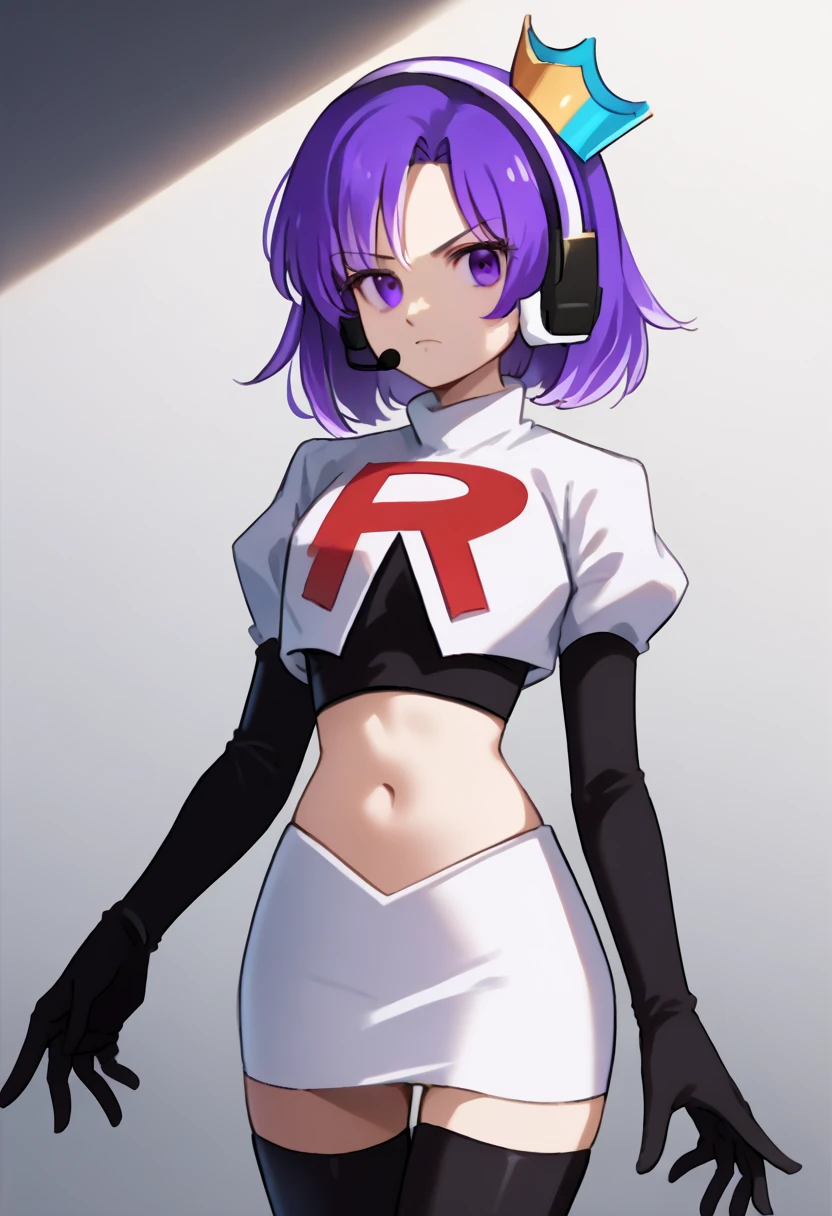 score_9, score_8_up, score_7_up, source_anime, solo, 1girl, twitch-chan, looking at viewer, purple hair, hair ornament, headset, crown, purple eyes, team rocket,team rocket uniform,white skirt,red letter R,crop top,black thigh-highs,black elbow gloves, cowboy shot