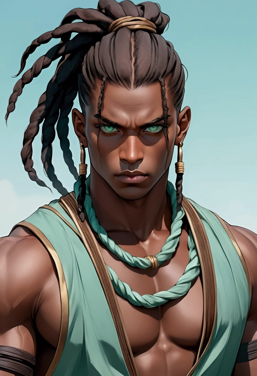 black man, tall, strong body, serious and distant look, very dark brown hair with locs and tied up in a short ponytail with shaved sides, very light aqua green eyes, thick lips, robust face, well-defined cheekbones, fantasy world style clothes in brown, black and aqua green colors.