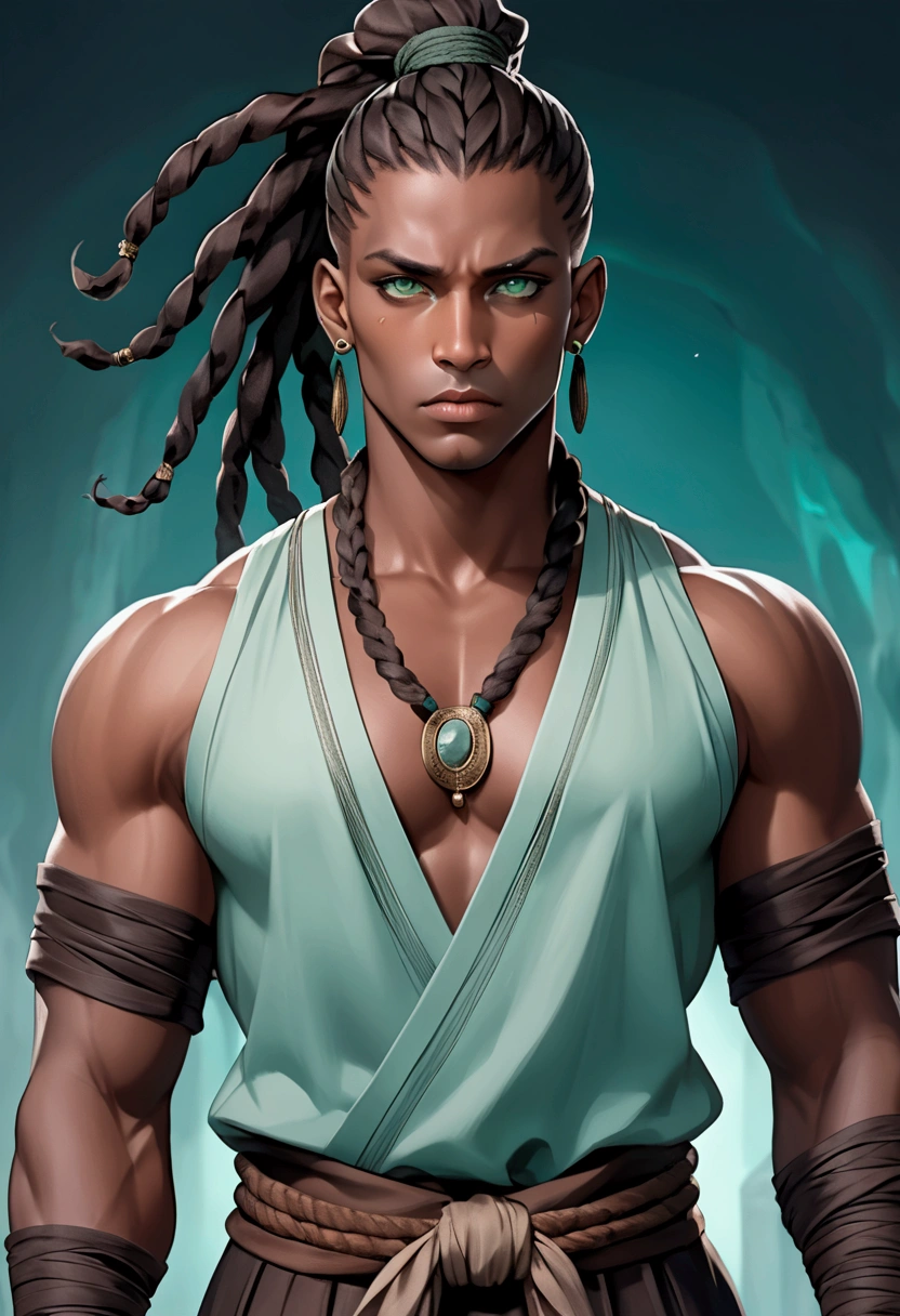 black man, tall, strong body, serious and distant look, very dark brown hair with locs and tied up in a short ponytail with shaved sides, very light aqua green eyes, thick lips, robust face, well-defined cheekbones, fantasy world style clothes in brown, black and aqua green colors.