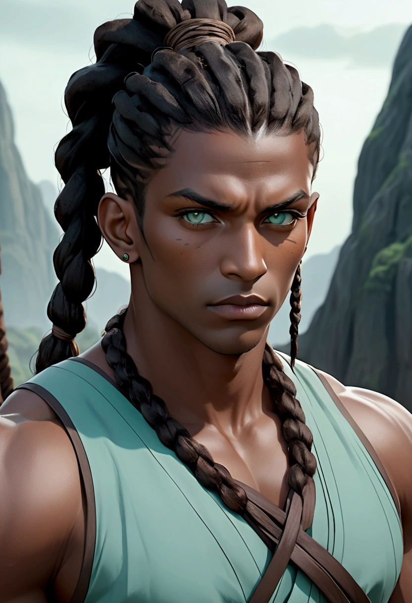 black man, tall, strong body, serious and distant look, very dark brown hair with locs and tied up in a short ponytail with shaved sides, very light aqua green eyes, thick lips, robust face, well-defined cheekbones, fantasy world style clothes in brown, black and aqua green colors.