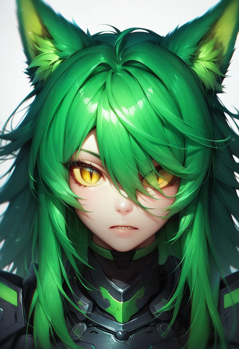 one person, female,anime, green-yellow skin, nine green fox tails, very large fox ears, slit pupils, open head, green-black futuristic carapace armor, complex full armor, templar, -templar, imposing, expressionless, emotionless, yellow eyes, yellow sclera, green long flowing hair,hair over left eye, sharp face, long claws, fingerless gloves,sharp focus,detailed anime character art, dark, facing center, close-up portrait, sharp focus, zPDXL3.