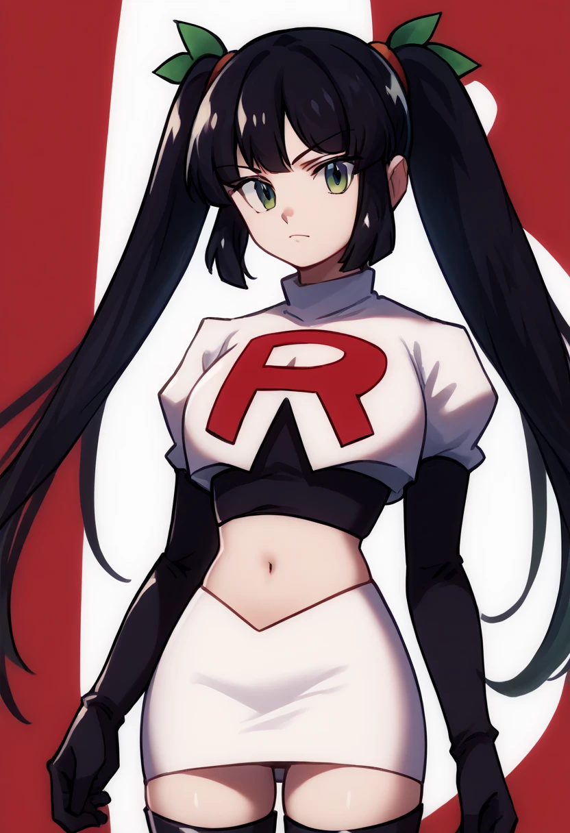 score_9, score_8_up, score_7_up, source_anime, solo, 1girl, steamdeck, looking at viewer, twintails, team rocket,team rocket uniform,white skirt,red letter R,crop top,black thigh-highs,black elbow gloves, cowboy shot