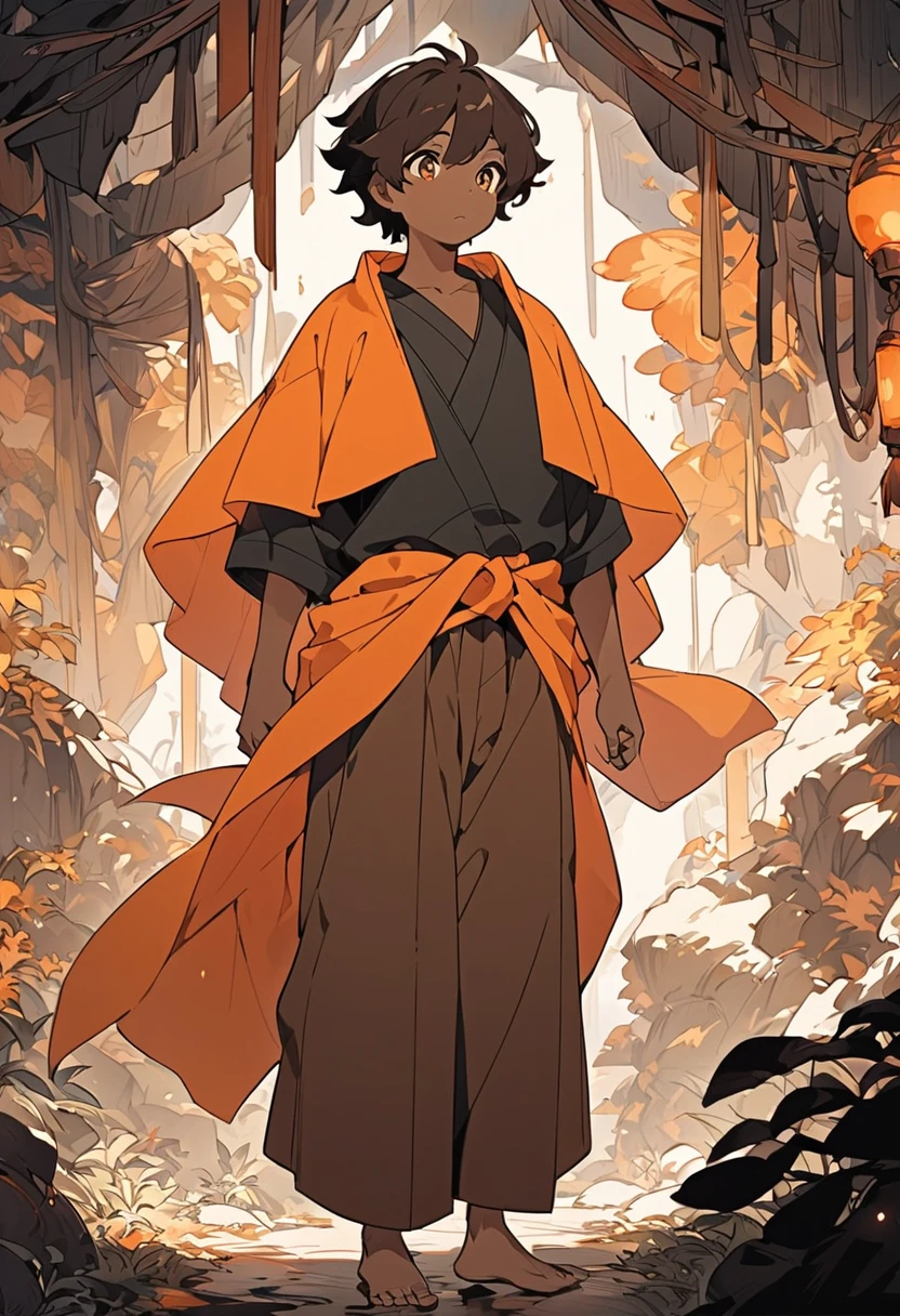  A black male character with dark brown hair , slightly messy,  His eyes have a deep amber glow , almost golden,  wears a voluminous orange cloak with a rustic texture ,  tied with strips of fabric around the waist .  His expression is calm ,  but his large and attentive eyes indicate a deep sense of curiosity and vigilance.  He wears wide brown pants , adjusted to ankle height , and is barefoot. art style:  soft and detailed lines with a magical and natural atmosphere .