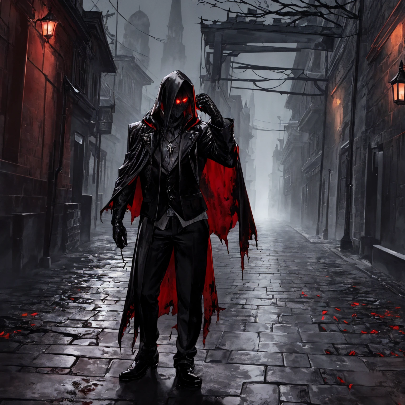 An eerie, shadowy creature in a tattered (red cloak), standing menacingly in a dark alley at night. The creature's silhouette is shrouded in darkness, with sharp, jagged details on its form. ((It holds a rusted, weathered bell in one hand, emanating an ominous aura)). The scene is illuminated by faint, cold moonlight reflecting on wet, cobblestone pavement, emphasizing the mysterious atmosphere. Highly detailed textures, cinematic lighting, realistic shadows, dark gothic aesthetics, and intricate details.