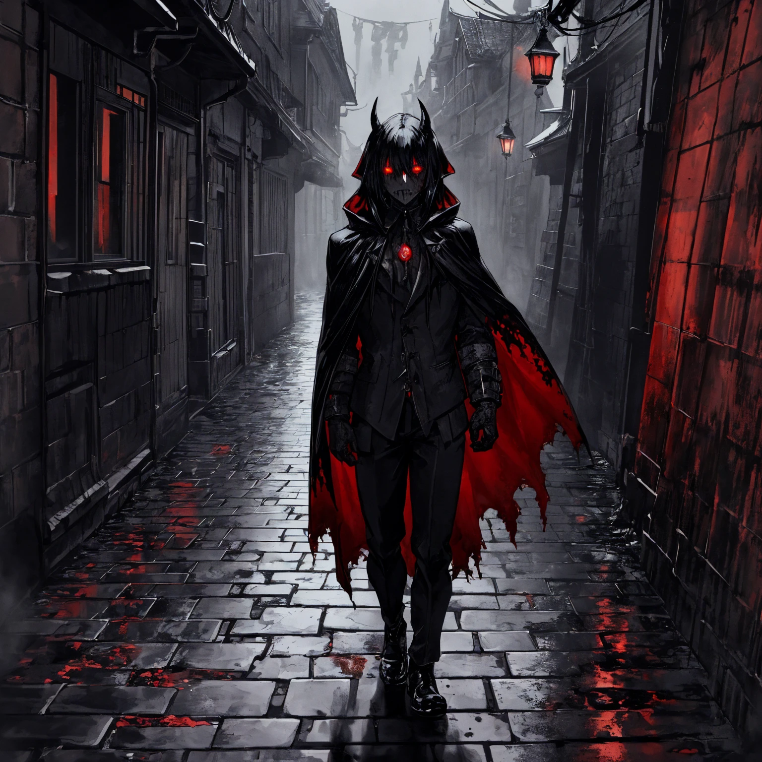 An eerie, shadowy creature in a tattered (red cloak), standing menacingly in a dark alley at night. The creature's silhouette is shrouded in darkness, with sharp, jagged details on its form. ((It holds a rusted, weathered bell in one hand, emanating an ominous aura)). The scene is illuminated by faint, cold moonlight reflecting on wet, cobblestone pavement, emphasizing the mysterious atmosphere. Highly detailed textures, cinematic lighting, realistic shadows, dark gothic aesthetics, and intricate details.