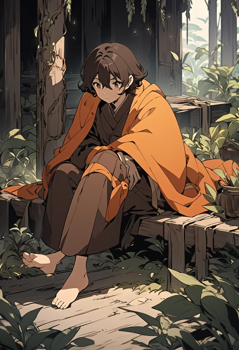  A black male character with dark brown hair , slightly messy,  His eyes have a deep amber glow , almost golden,  wears a voluminous orange cloak with a rustic texture ,  tied with strips of fabric around the waist .  His expression is calm ,  but his large and attentive eyes indicate a deep sense of curiosity and vigilance.  He wears wide brown pants , adjusted to ankle height , and is barefoot. art style:  soft and detailed lines with a magical and natural atmosphere .