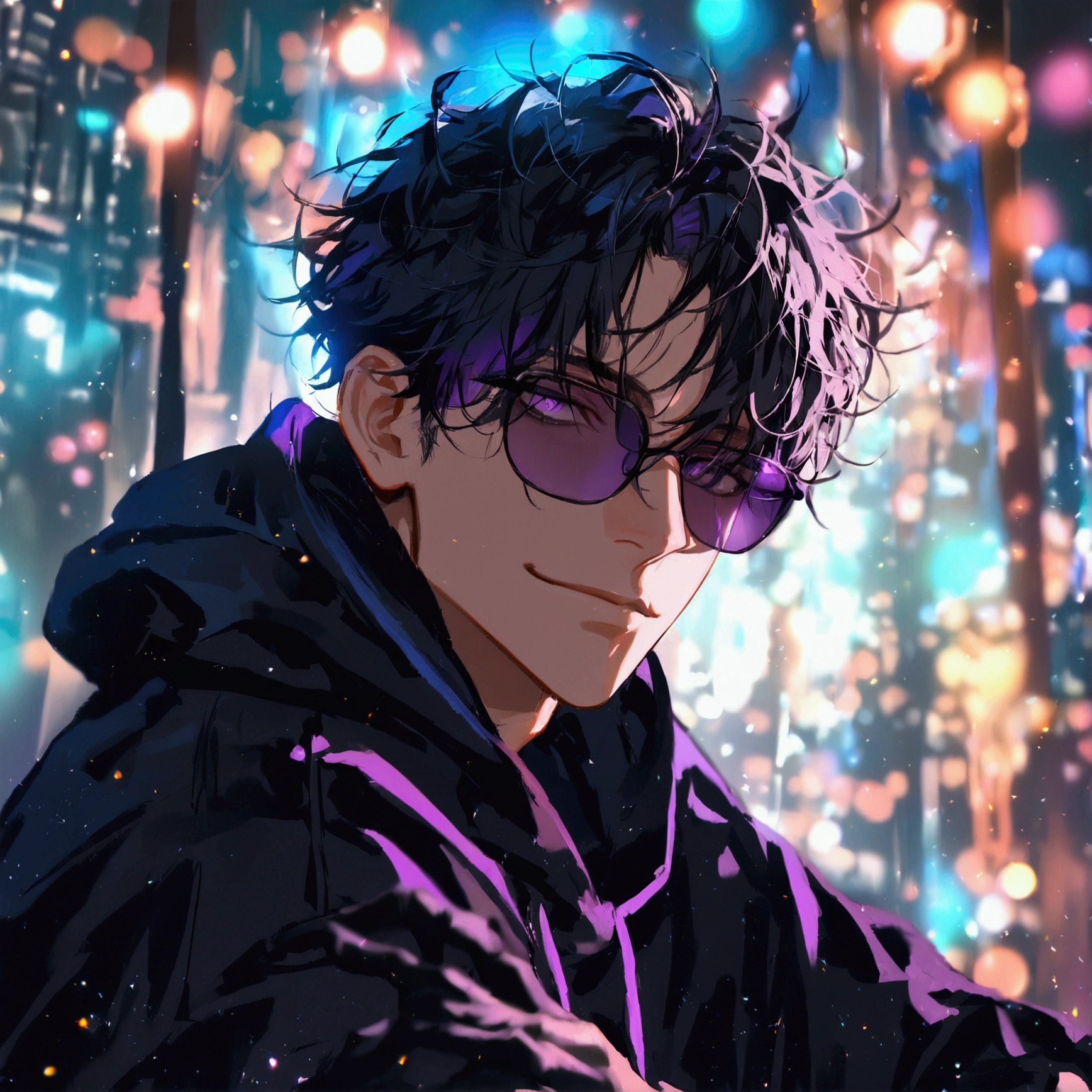 (solo), (1 male), (1 man), handsome men, (one man with black hair, purple eyes), short hair, messy hair, sunglasses,black oversized hoodie((masterpiece)), (dark background: 1.3), (stylish), dynamic angle, (detailed face, detailed eyes, proportional hands, proportional anatomy), sitting in a relaxed pose, sinister atmosphere, a nihilistic smile